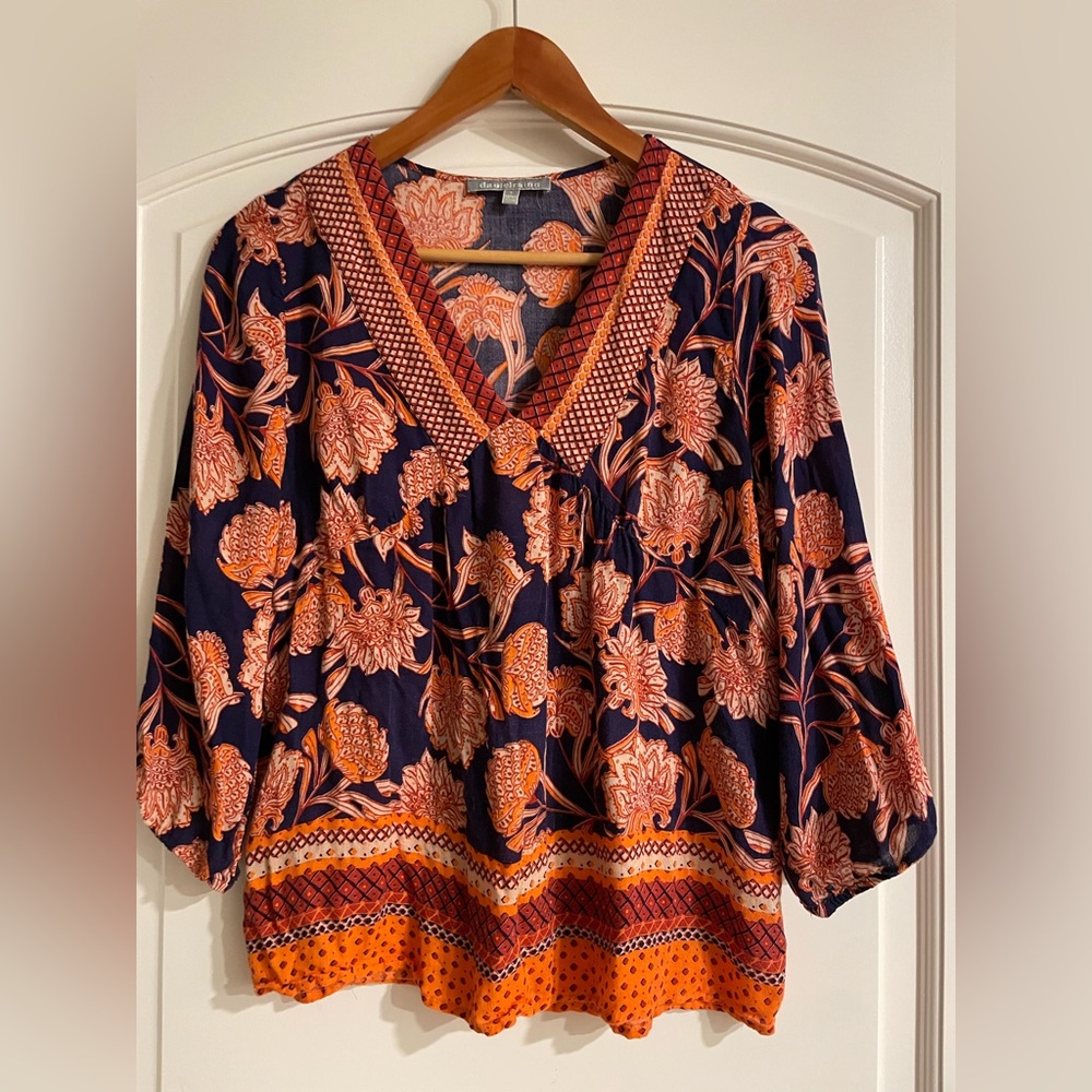 Daniel Rainn Navy with Orange Floral V-Neck Boho Tunic